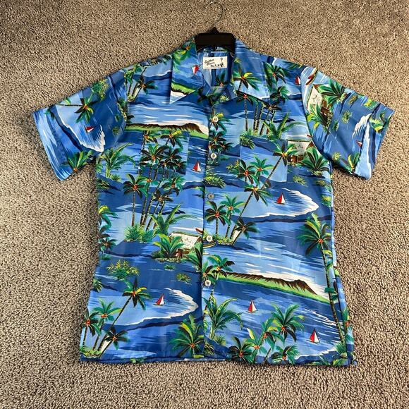 VINTGE 90s Sutton Place Hawaiian Shirt Mens Large Blue Tropical Luau Button Up - Picture 1 of 9